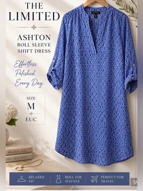 Like new The Limited Ashton Roll Sleeve Shift Dress Blue Medallion Print Size M